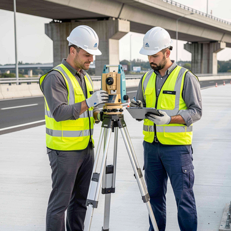 Surveyors using total station tripod