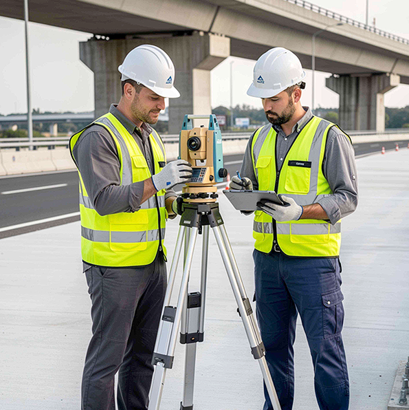 Surveyors using total station tripod