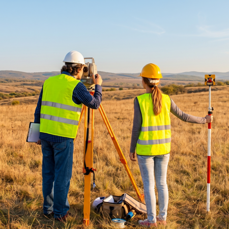Land surveyors using total station
