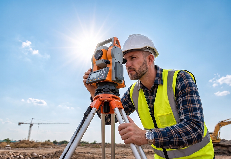 Surveyor using total station outdoors